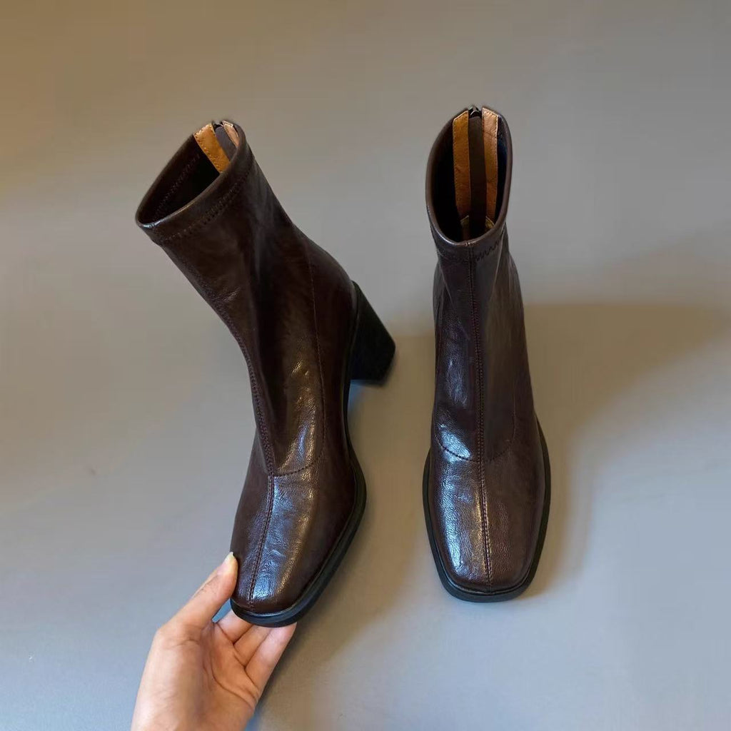 牛皮高跟方头马丁靴