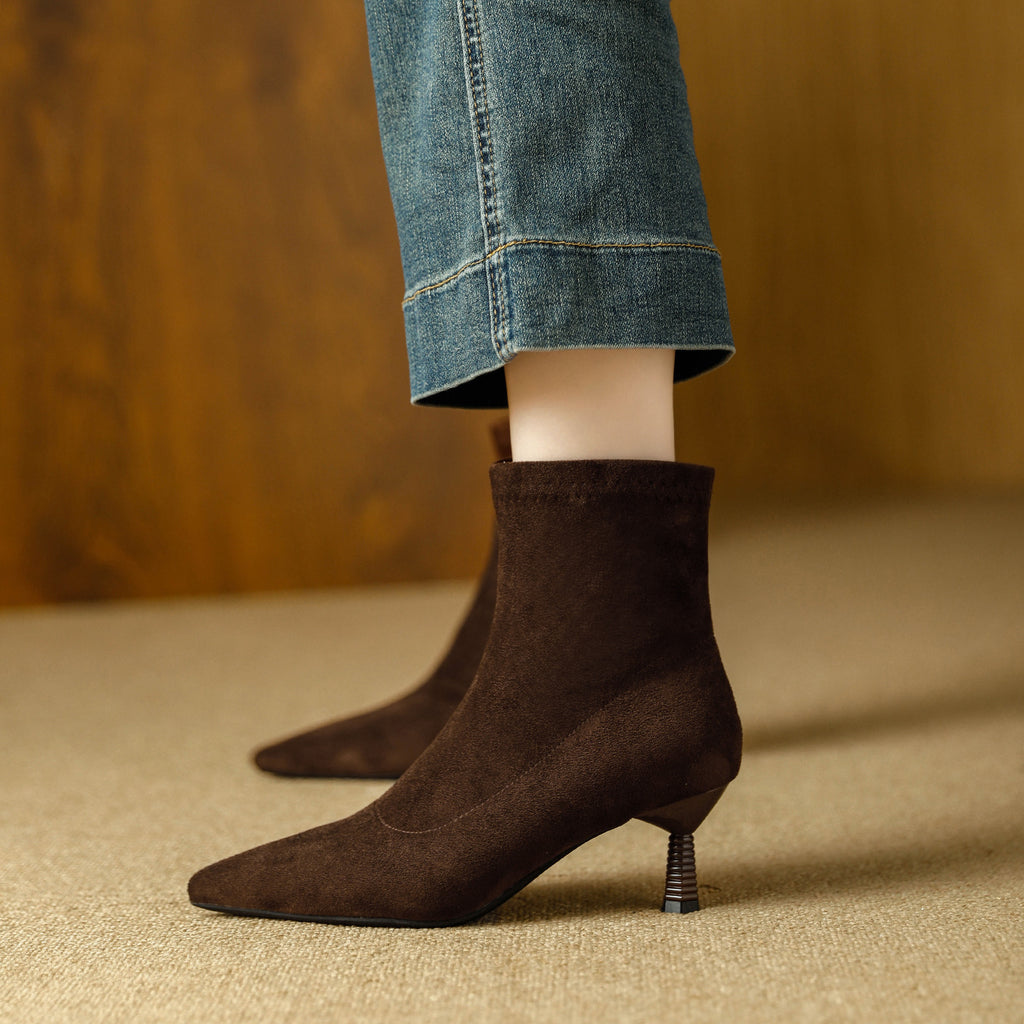 尖头切尔西女靴法式绒面咖色靴子女中筒靴