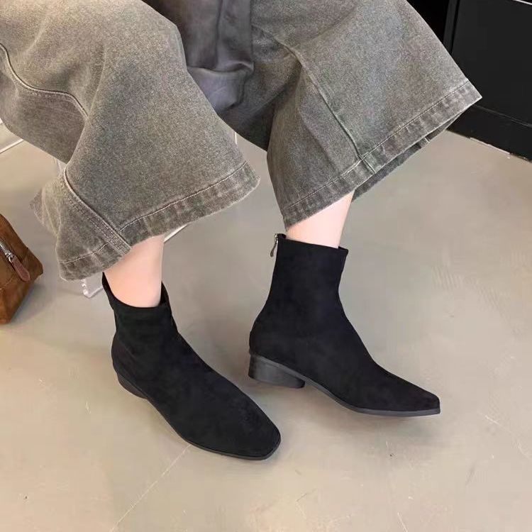 粗跟方头时尚小踝靴