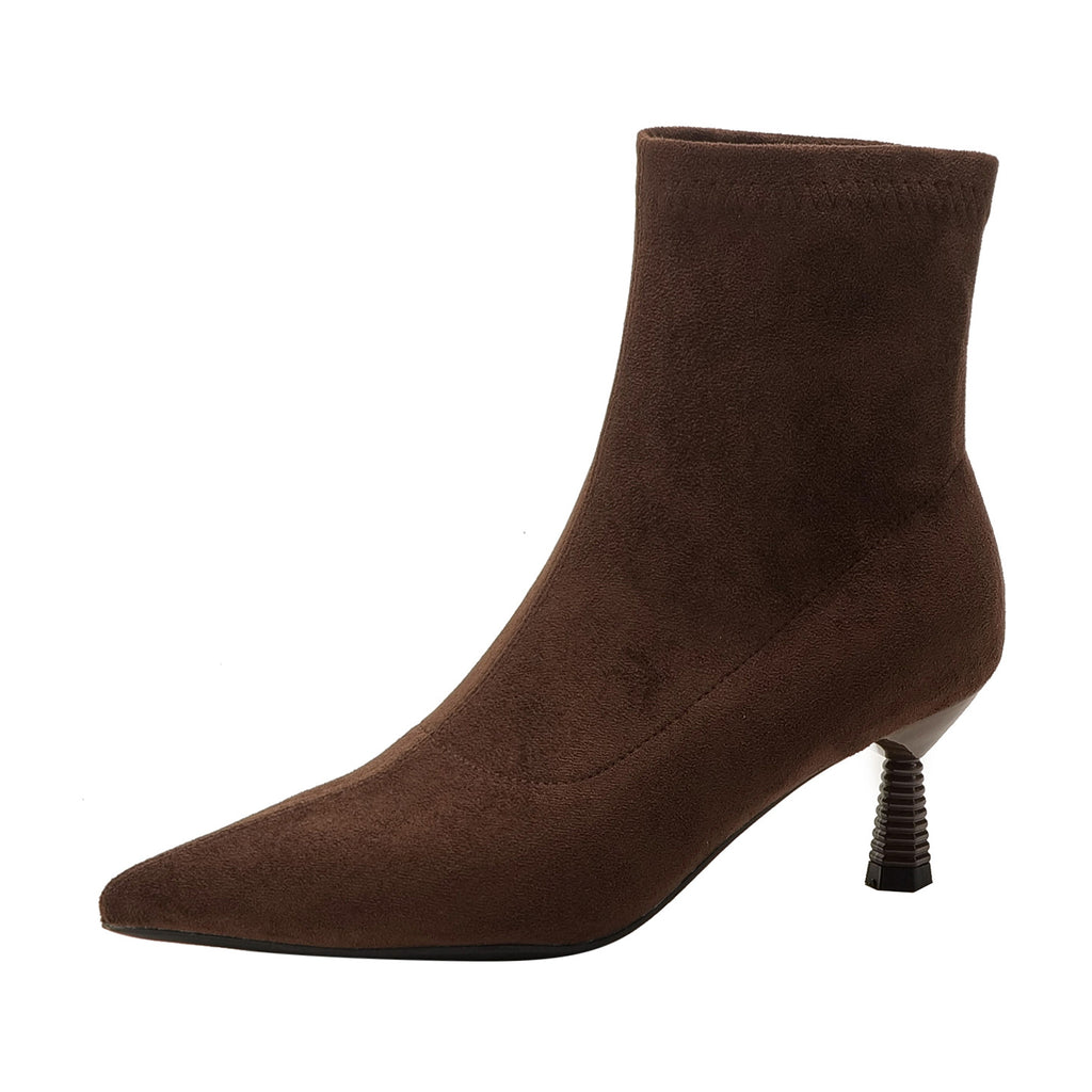 尖头切尔西女靴法式绒面咖色靴子女中筒靴