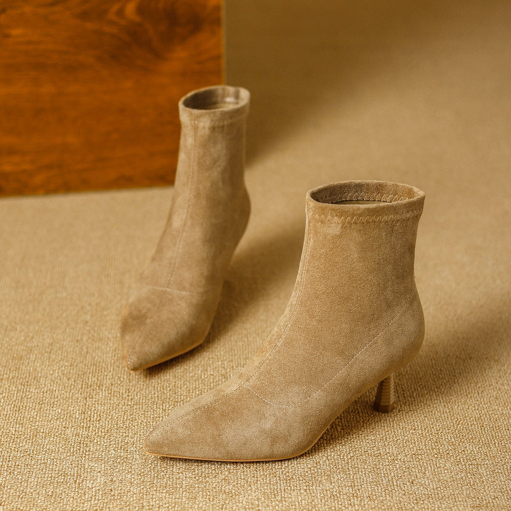 尖头切尔西女靴法式绒面咖色靴子女中筒靴