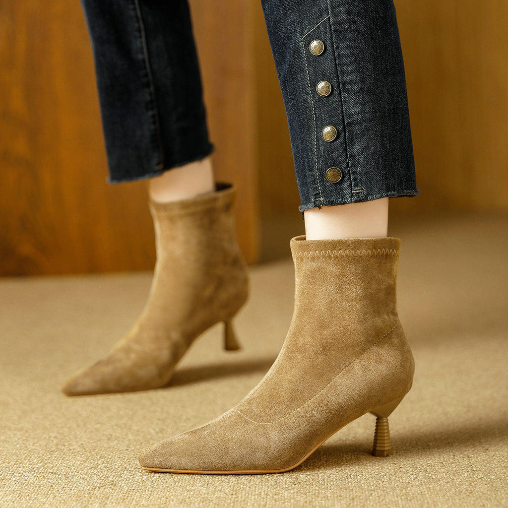 尖头切尔西女靴法式绒面咖色靴子女中筒靴