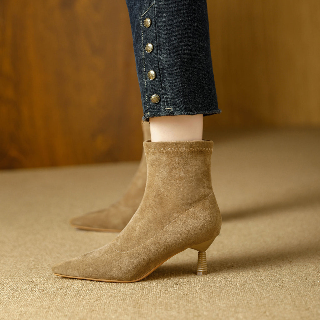 尖头切尔西女靴法式绒面咖色靴子女中筒靴