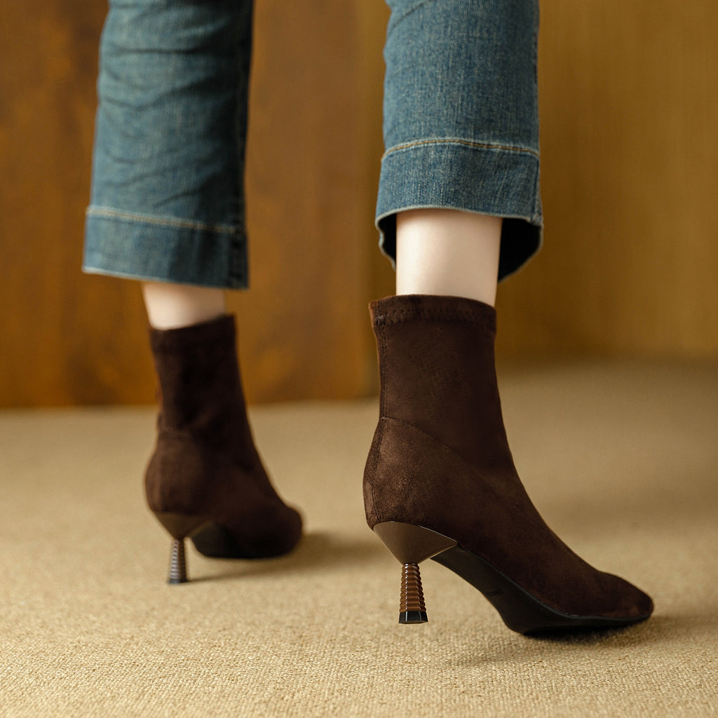 尖头切尔西女靴法式绒面咖色靴子女中筒靴
