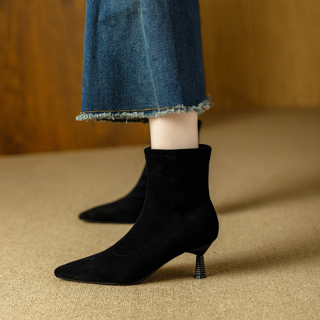 尖头切尔西女靴法式绒面咖色靴子女中筒靴