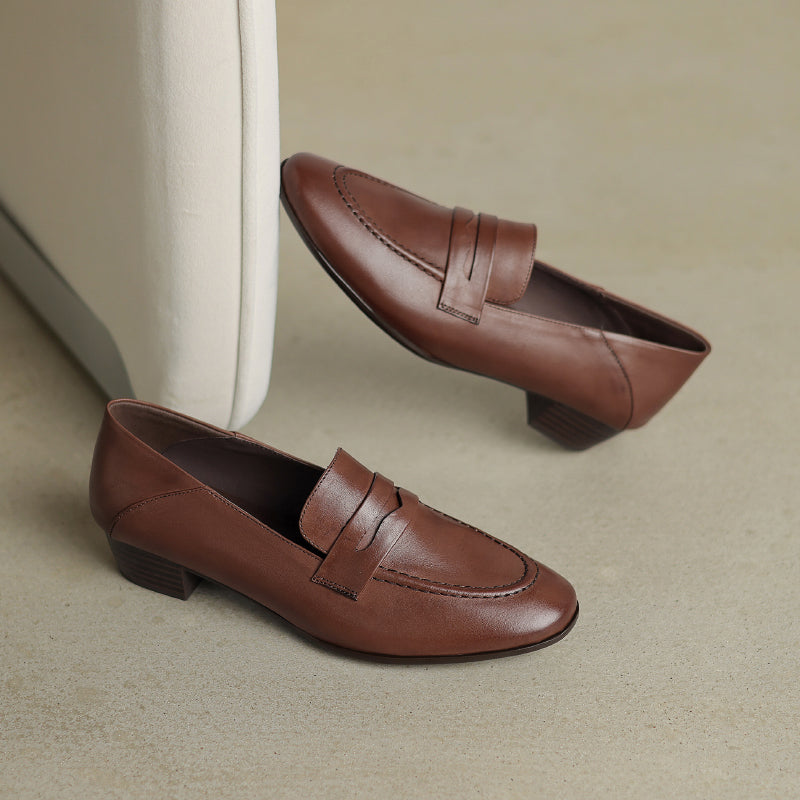 [M117] 알로라(Alora)  여성용 가죽 로퍼 3cm 힐 미니멀리스트 스타일 편안한 디자인 데일리 슈즈 - 갈색