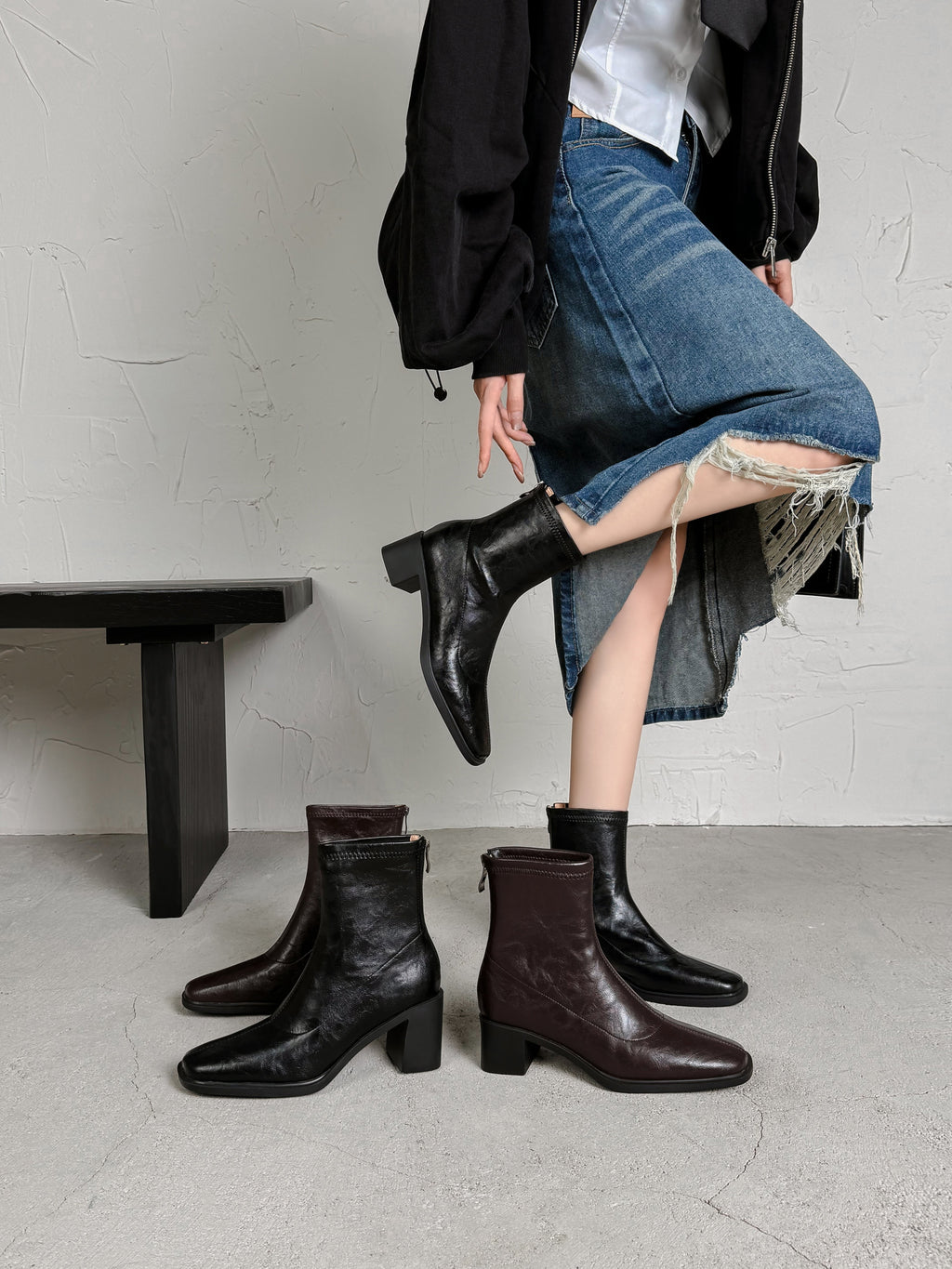 [Moloershow] 아리아 빈티지 스판 데일리 앵클부츠 - 블랙 (4.5cm)