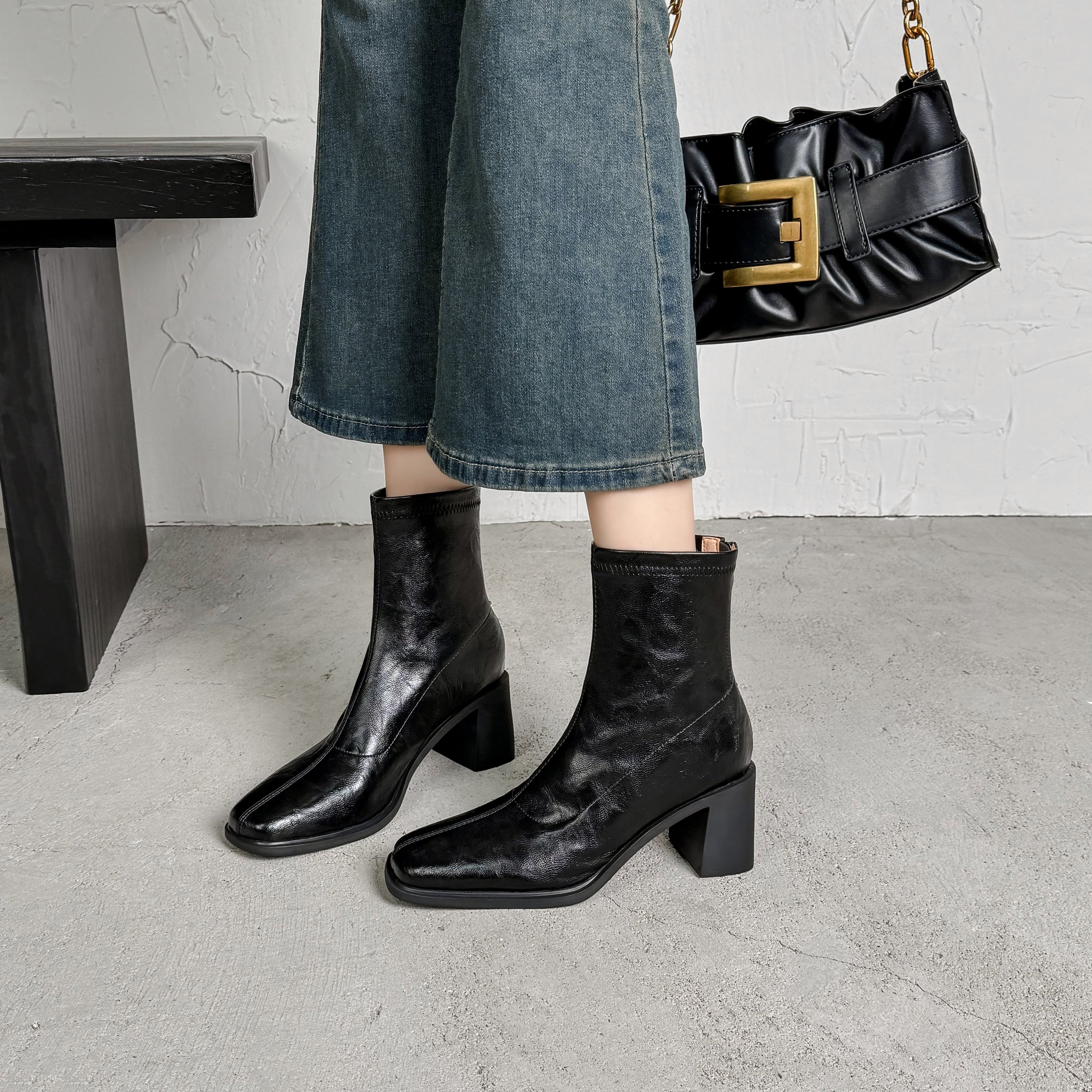 [Moloershow] 아리아 빈티지 스판 삭스 앵클부츠 - 블랙 (6.5cm)