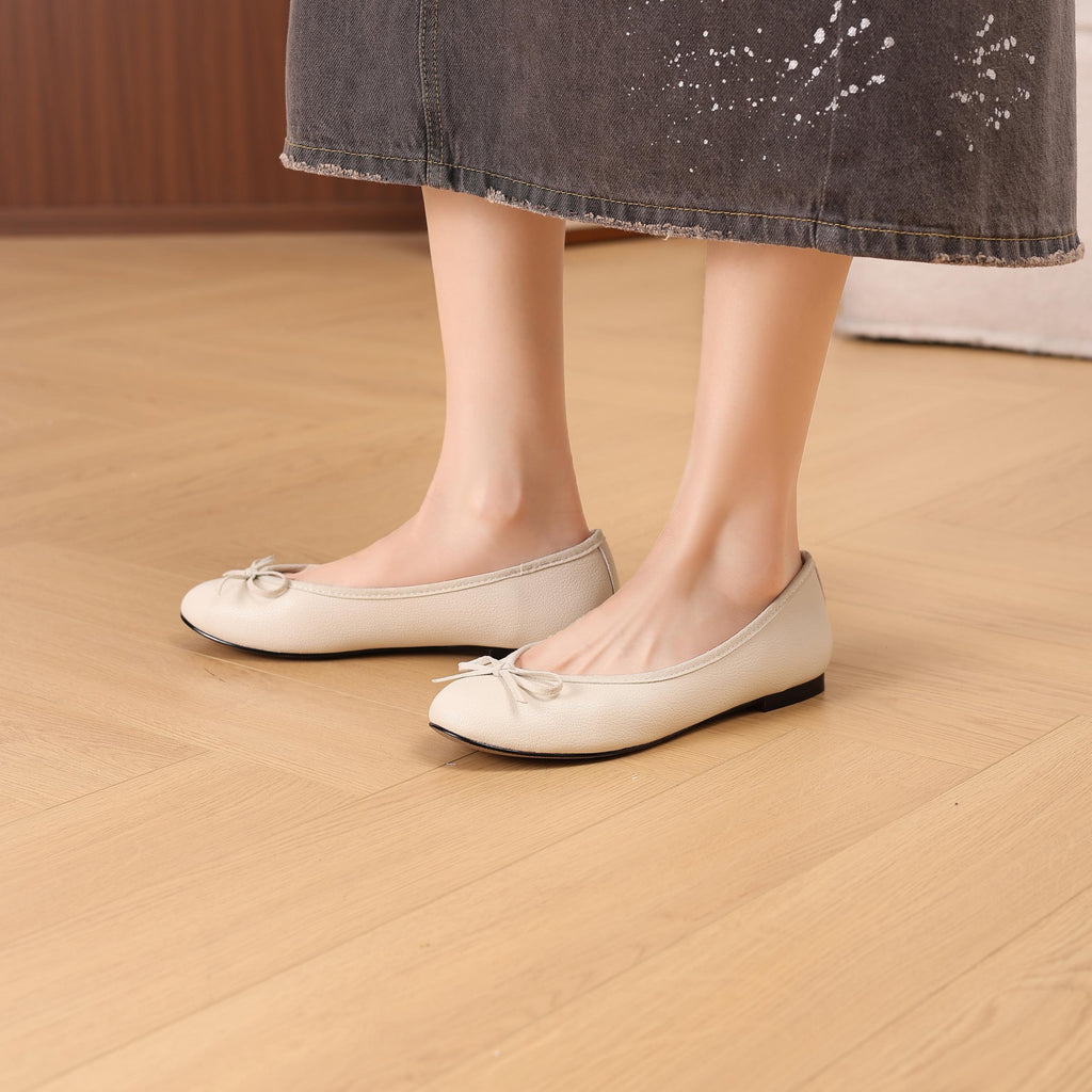 [M132] 두스(Doux) 양가죽 리본 발레 플랫 1cm - 흰색