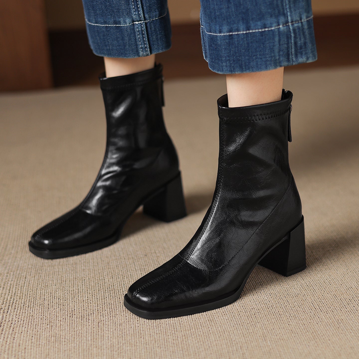 [Moloershow] 하퍼 스퀘어토 스판 6.5cm 앵클부츠 (기본/기모)