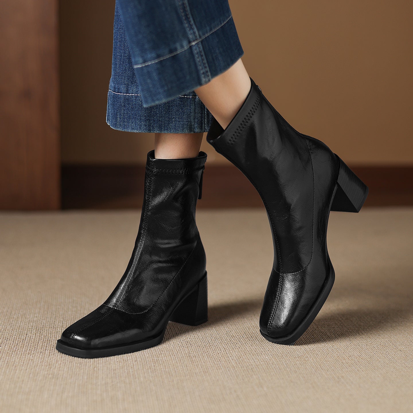 [Moloershow] 하퍼 스퀘어토 스판 6.5cm 앵클부츠 (기본/기모)