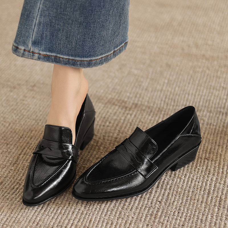 [M120] 레아 뮤즈(Lea Muse) 클래식 포인티드 가죽 로퍼 - 3.5cm 블랙