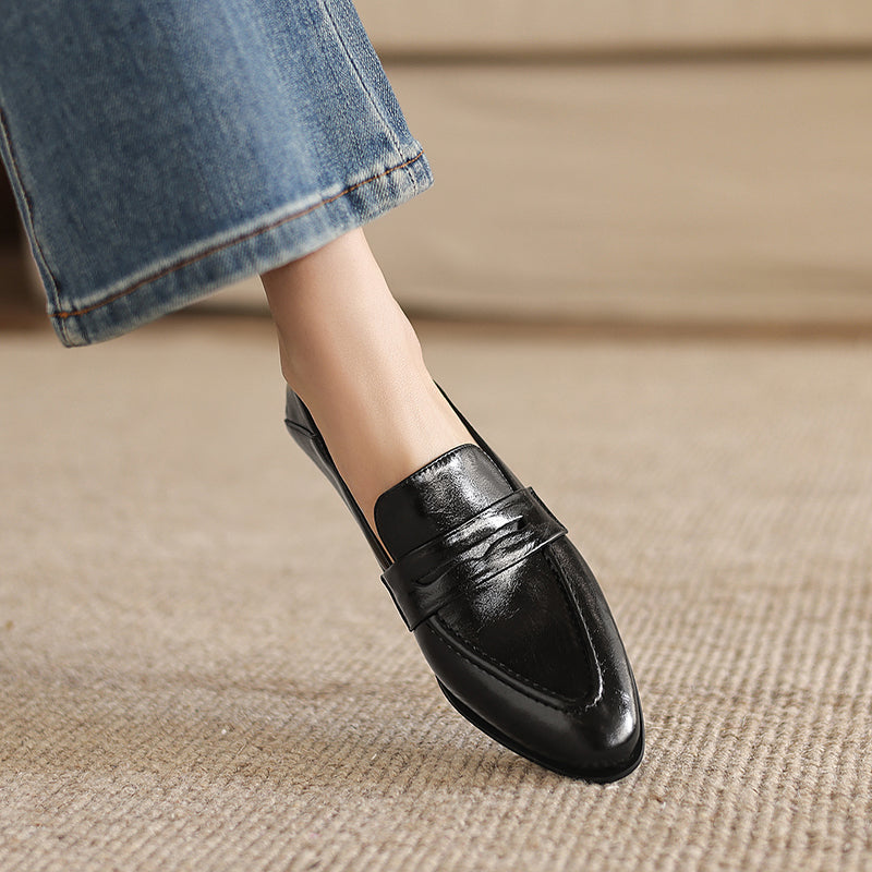 [M120] 레아 뮤즈(Lea Muse) 클래식 포인티드 가죽 로퍼 - 3.5cm 블랙