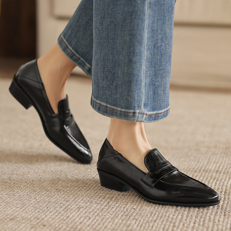 [M120] 레아 뮤즈(Lea Muse) 클래식 포인티드 가죽 로퍼 - 3.5cm 블랙