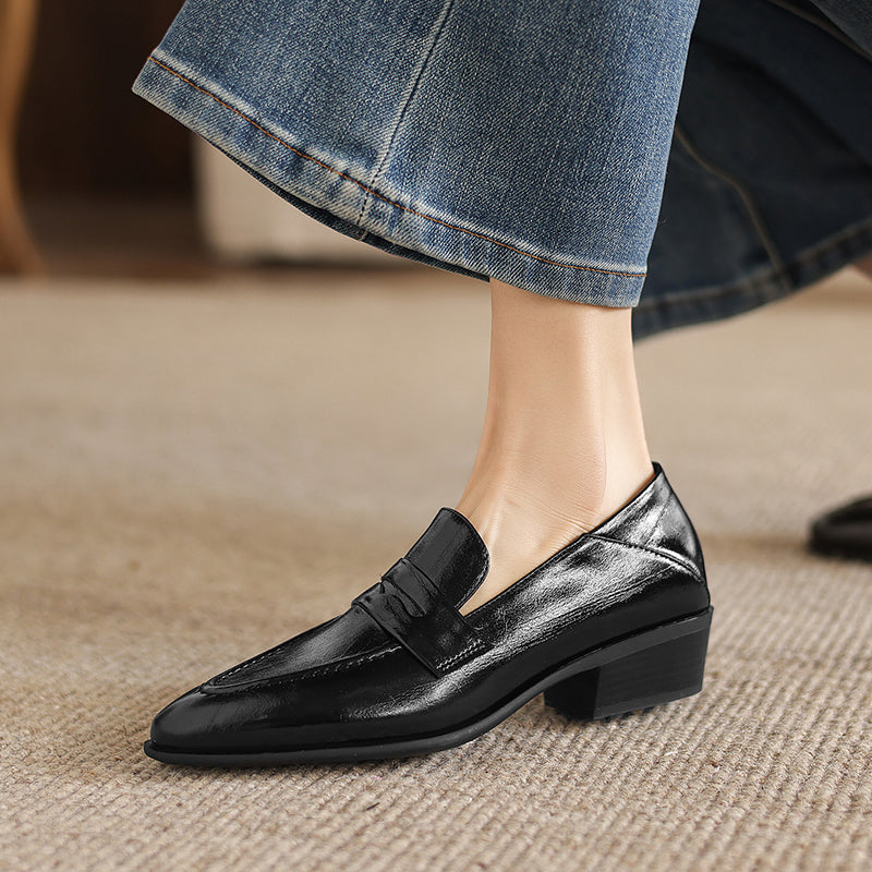 [M120] 레아 뮤즈(Lea Muse) 클래식 포인티드 가죽 로퍼 - 3.5cm 블랙