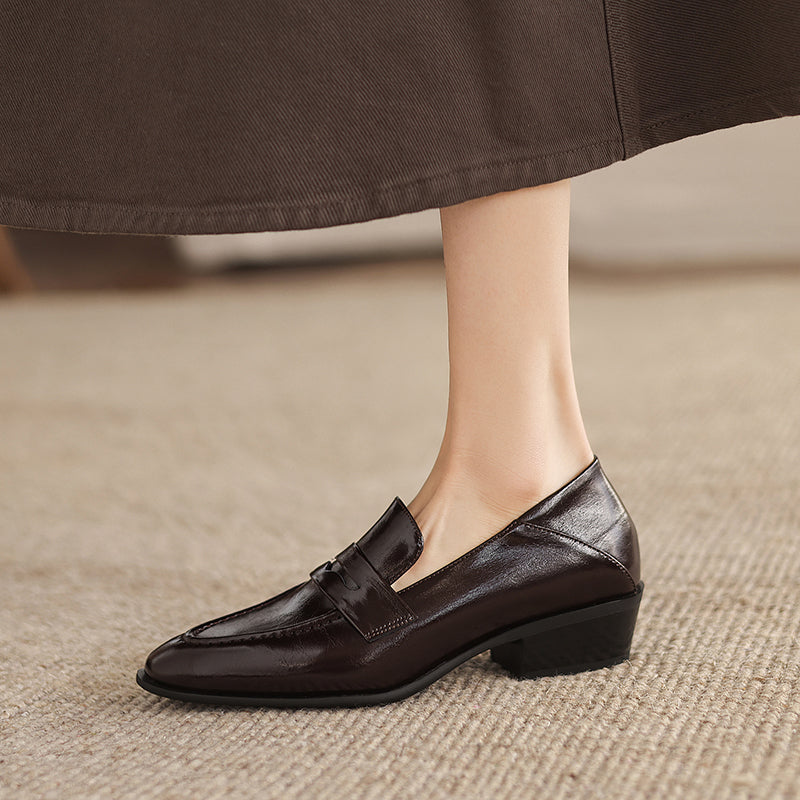 [M120] 레아 뮤즈(Lea Muse) 클래식 포인티드 가죽 로퍼 - 3.5cm 브라운