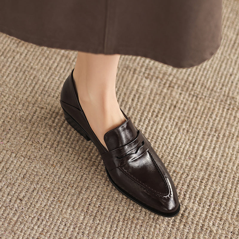 [M120] 레아 뮤즈(Lea Muse) 클래식 포인티드 가죽 로퍼 - 3.5cm 브라운