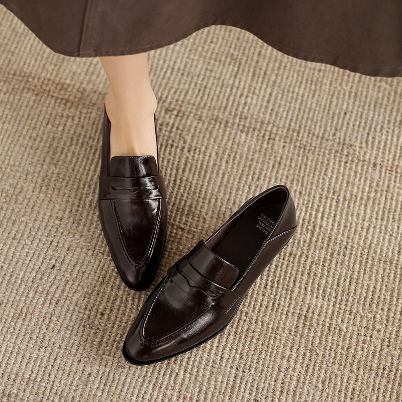 [M120] 레아 뮤즈(Lea Muse) 클래식 포인티드 가죽 로퍼 - 3.5cm 브라운