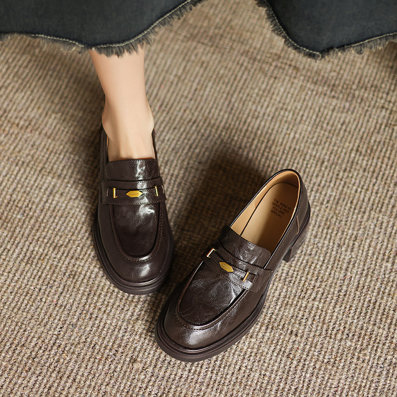 [M119] 뤼에르(Lueur) 각진코 통굽 로퍼 키높이 구두 5cm - 브라운