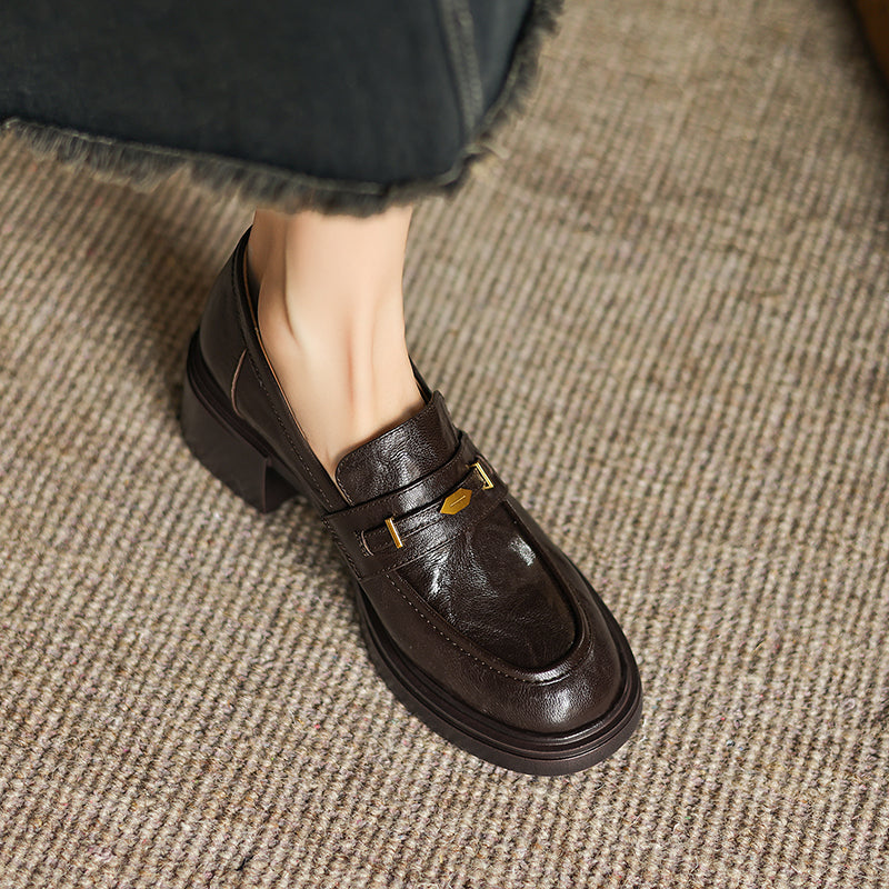 [M119] 뤼에르(Lueur) 각진코 통굽 로퍼 키높이 구두 5cm - 브라운