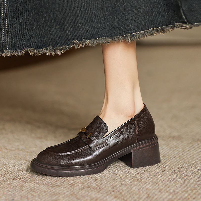 [M119] 뤼에르(Lueur) 각진코 통굽 로퍼 키높이 구두 5cm - 브라운