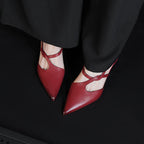 [M139] 마르벨(Marvelle) 뾰족팁 컷아웃 스트랩 미들힐 슈즈 5.5cm - 레드