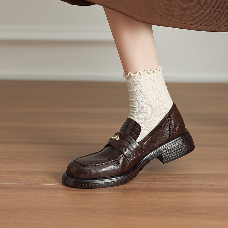 [M118] 아멜리(Amélie) 두툼굽 메탈장식 로퍼 - 4cm 브라운