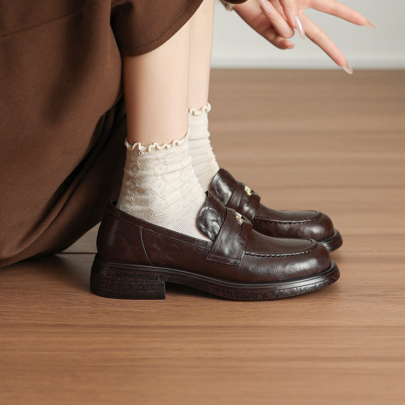 [M118] 아멜리(Amélie) 두툼굽 메탈장식 로퍼 - 4cm 브라운